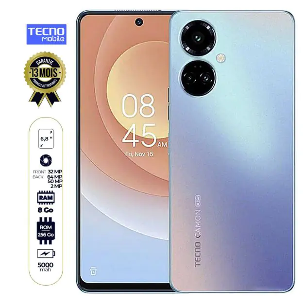 Tecno Camon 19 Pro – (Ci8) – 6.8 pouces – 256 Go / 8Go+3Go RAM – 64MP+50+2MP/32MP – 5000mAh – 13 Mois