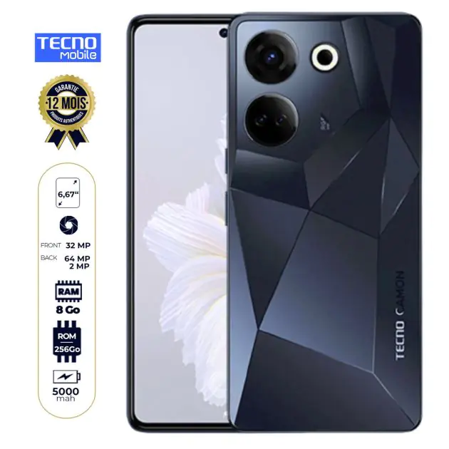 Tecno Camon 20 – ( CK6) – 256 Go/8Go RAM – 6.67″ – Dual NANO SIM – 64 MP + 2MP/32 MP – 5000mAh – Garantie 12 mois