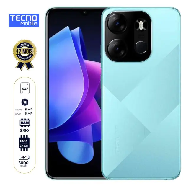 Tecno Pop 7 – (BF6) – 6.5″ – 2 SIM – 64Go ROM – 2Go RAM ( 2Go EXTENSIBLE) – 8+5MP/5MP – 5000 mAh – Garantie 12 Mois